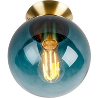 Art deco plafondlamp messing met oceaanblauw glas - Pallon