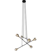 Hanglamp zwart met messing en smoke glas 6-lichts - Vidro