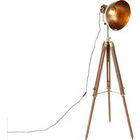 Industriële tripod vloerlamp brons met hout - Mangoes