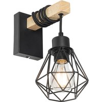 Landelijke wandlamp zwart met hout - Chon