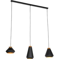 Moderne hanglamp 3-lichts zwart met goud balk - Mia