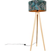 Moderne vloerlamp hout stoffen kap pauw 50 cm - Tripod Classic