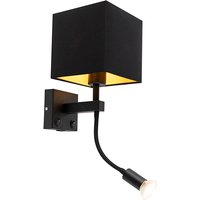 Moderne wandlamp zwart met USB en vierkante zwarte kap - Zeno