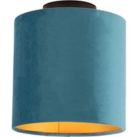 Plafondlamp met velours kap blauw met goud 20 cm - Combi zwart