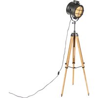 Tripod vloerlamp zwart met hout studiospot - Shiny