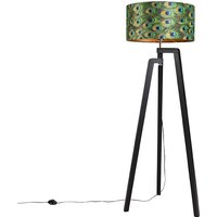 Vloerlamp tripod zwart met kap pauw dessin 50 cm - Puros