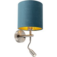 Wandlamp staal met leeslamp en kap velours 20/20/20 blauw